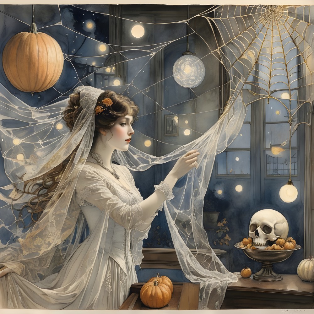 Ethereal Figure in Dimly Lit Room with Decor Elements