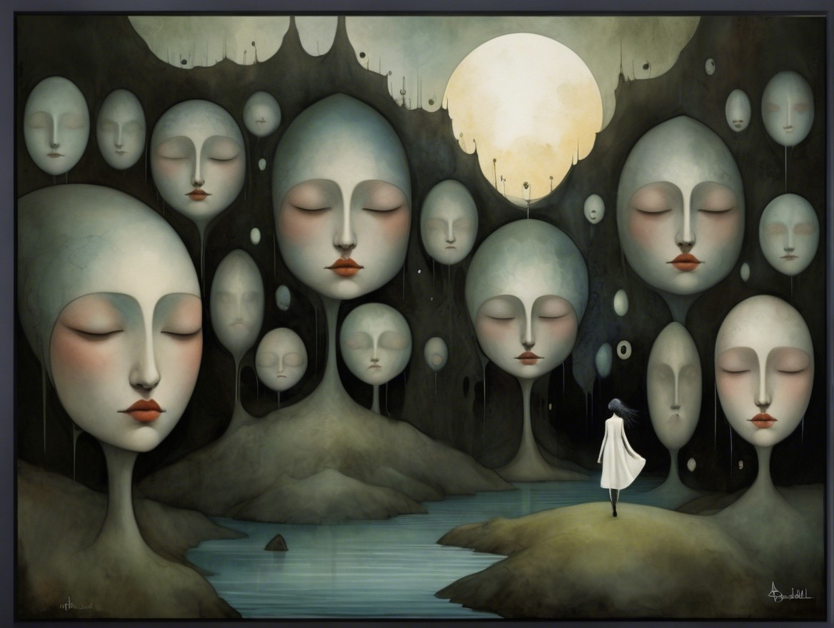 Surreal Landscape with Ghostly Figures and Moonlight