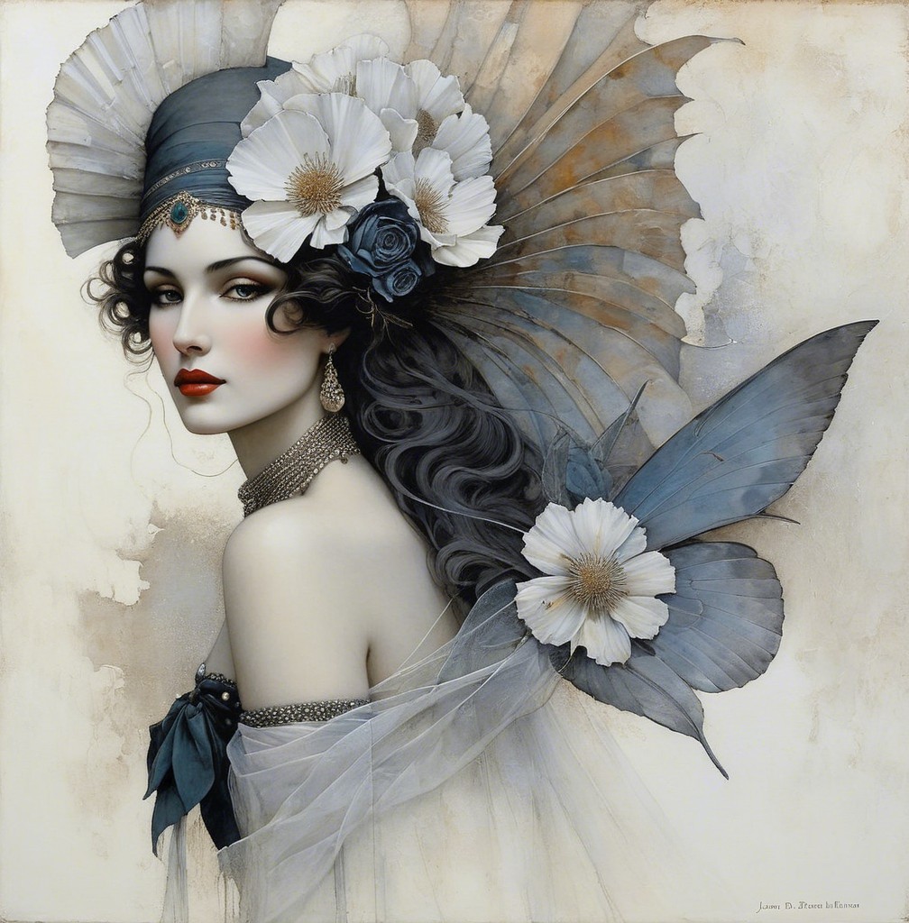 Woman in Elegant Pose with Floral Headdress and Jewelry