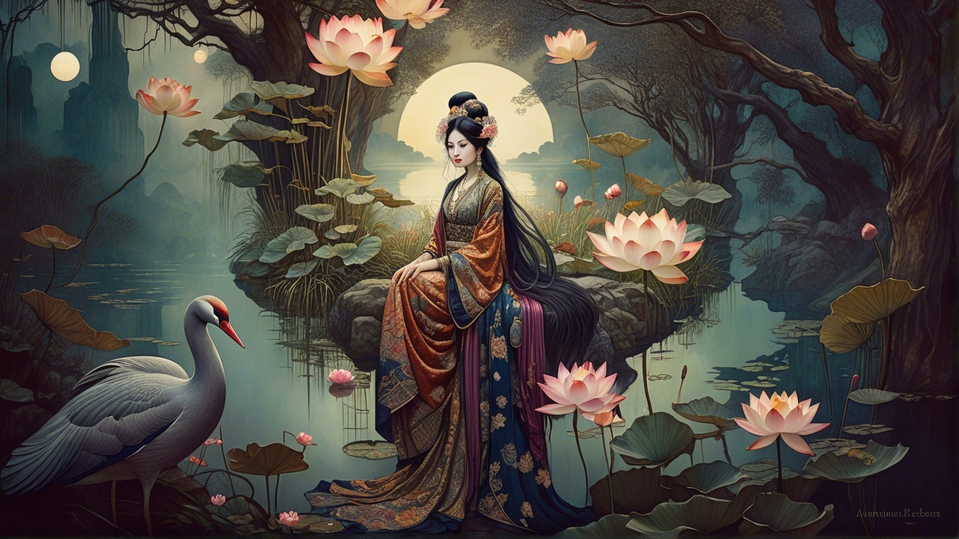 Serene Woman by Tranquil Lake with Lotus Flowers