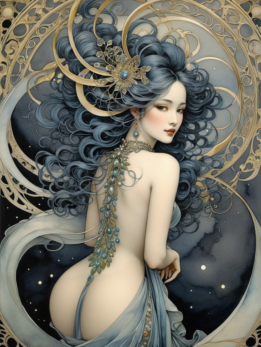 Woman with Flowing Hair in Celestial Background Art