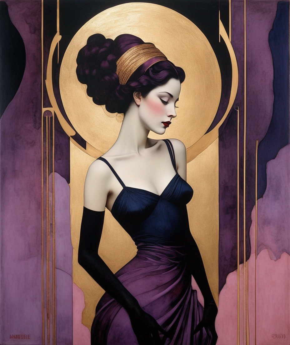 Art Deco Painting of Woman in Purple Dress with Halo