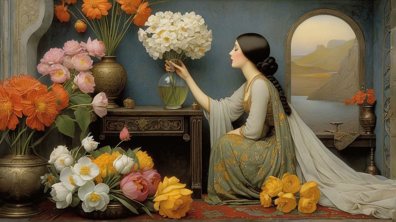 Serene Woman Arranging Vibrant Flower Bouquet