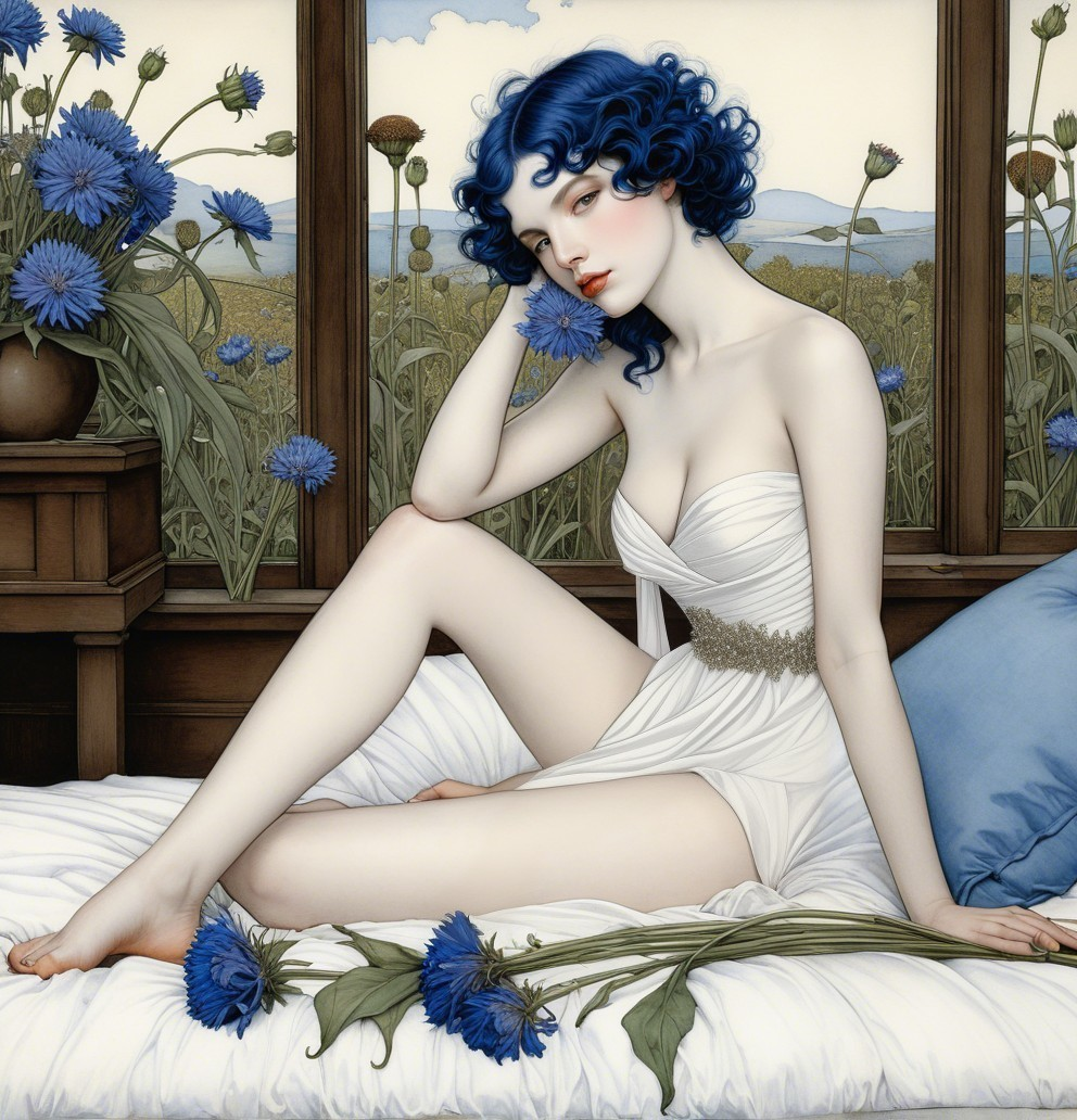 Young Woman with Blue Hair in Serene Bedroom Setting