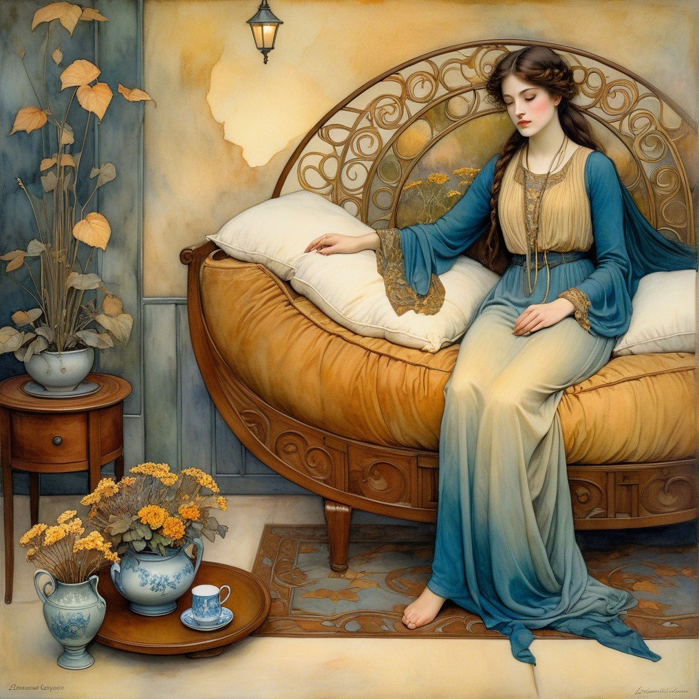 Serene Young Woman on Ornate Bed with Teacup and Flowers