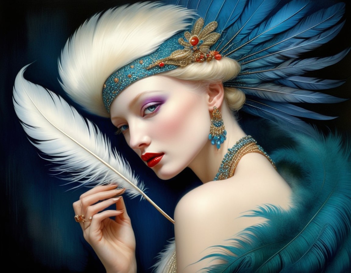Glamorous Woman with Jewelry and Feathered Headpiece