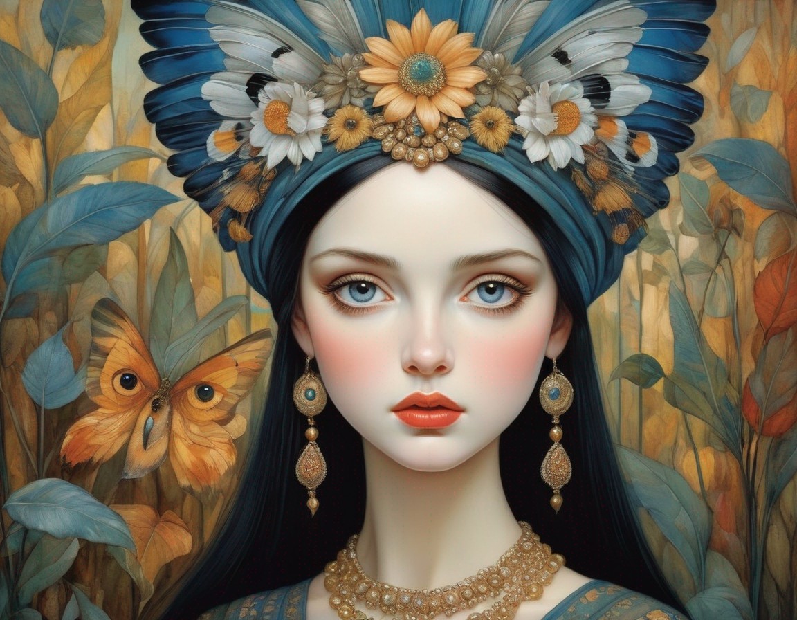 Young Woman with Blue Feather Headpiece and Jewelry