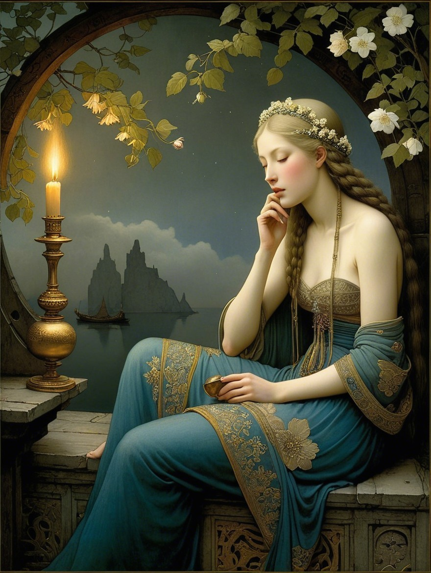 Serene Woman in Blue Gown Surrounded by Nature