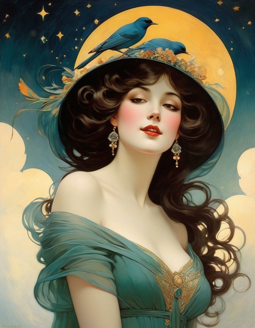 Elegant Woman in Green Gown Under Moonlit Sky