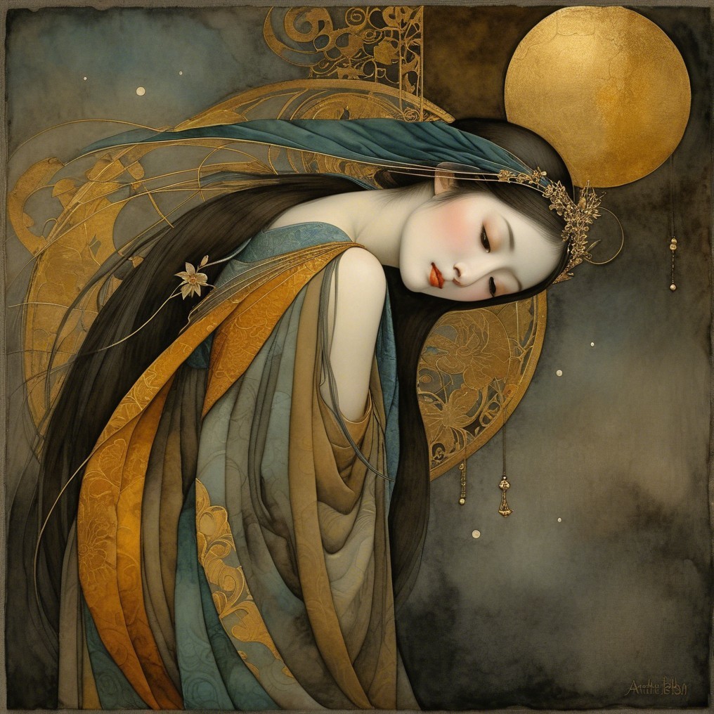 Serene Woman with Flowing Hair and Golden Moon