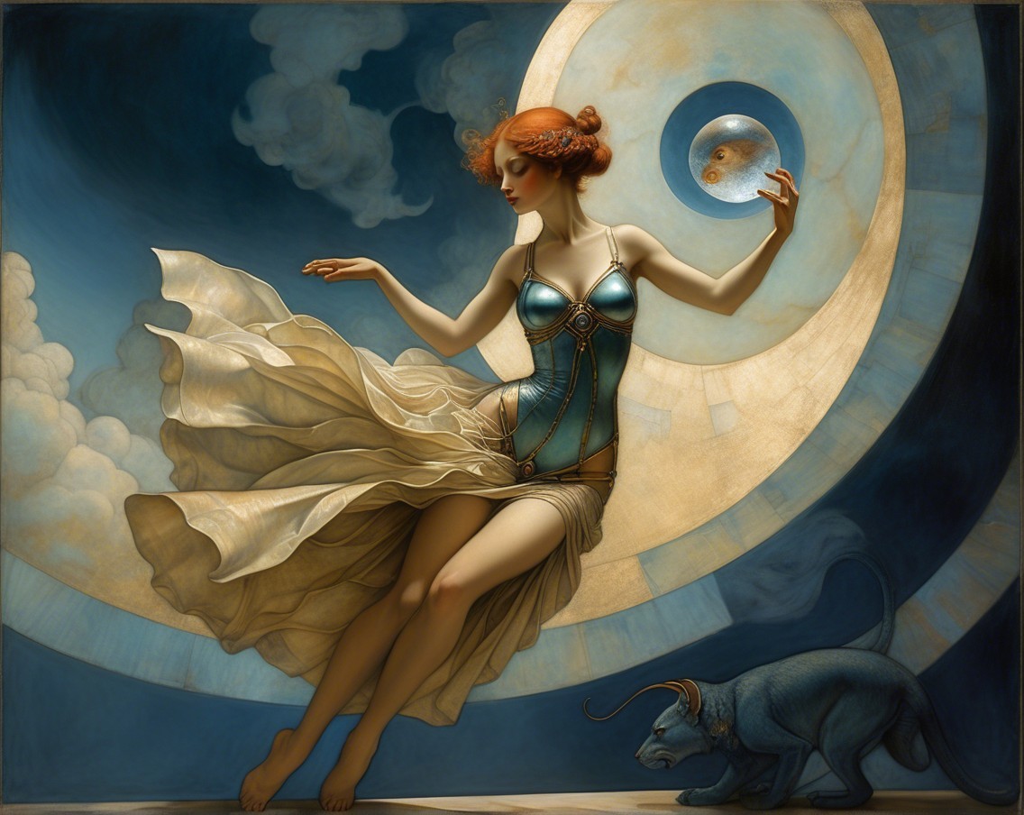Graceful Woman in Blue and Gold Dress with Cat