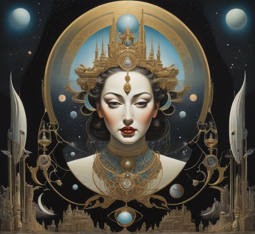 Regal Figure with Celestial Headdress in Cosmic Scene