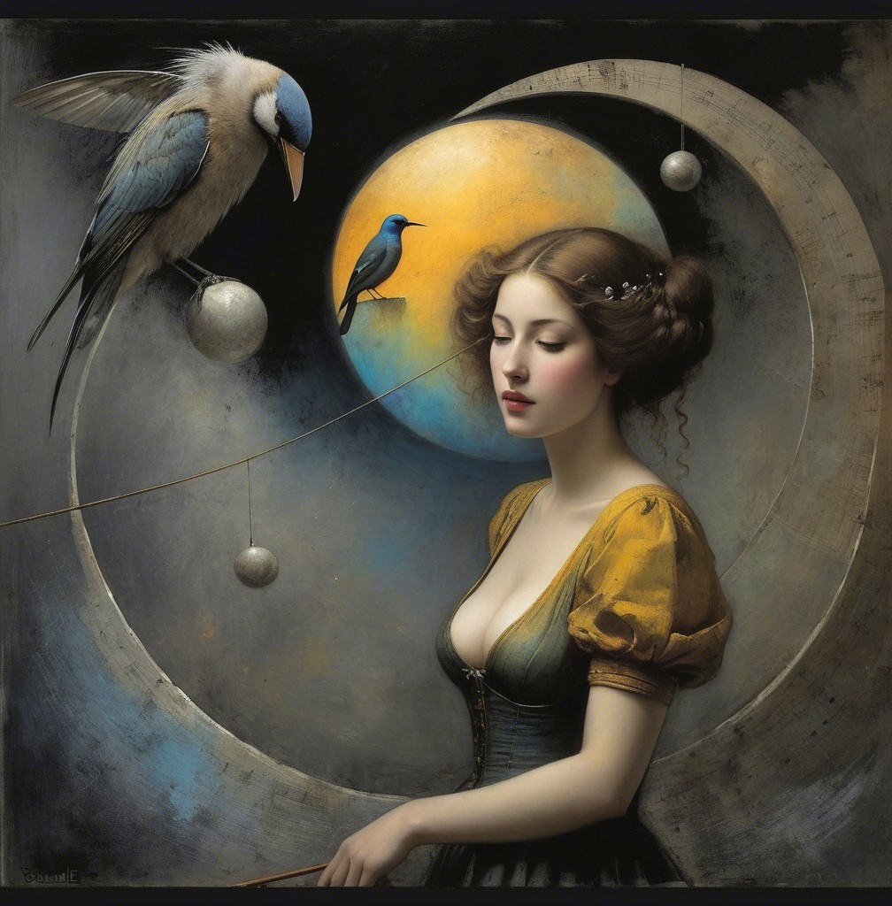 Serene Woman with Celestial Backdrop and Blue Bird