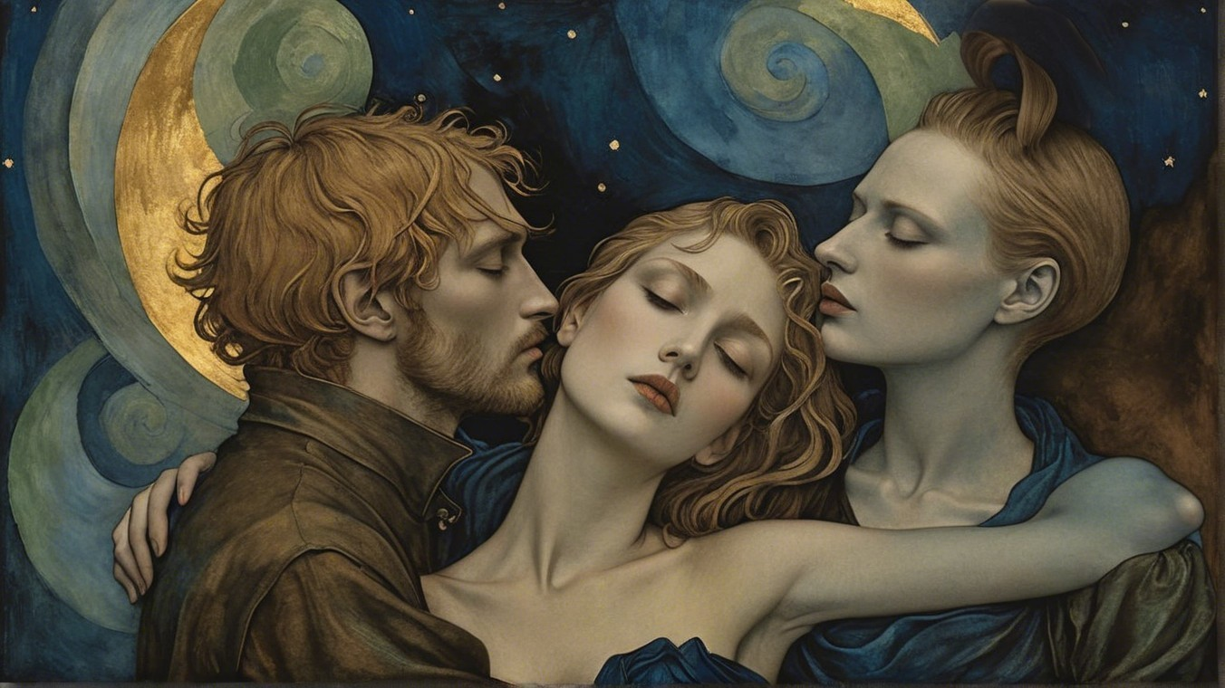 Ethereal Figures in Intimate Embrace with Starry Background