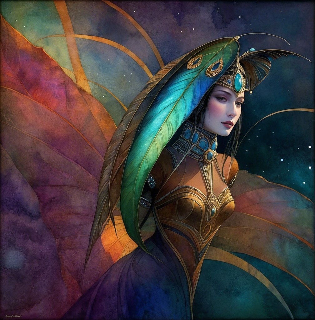 Mystical figure in jewel-toned gown against cosmic backdrop