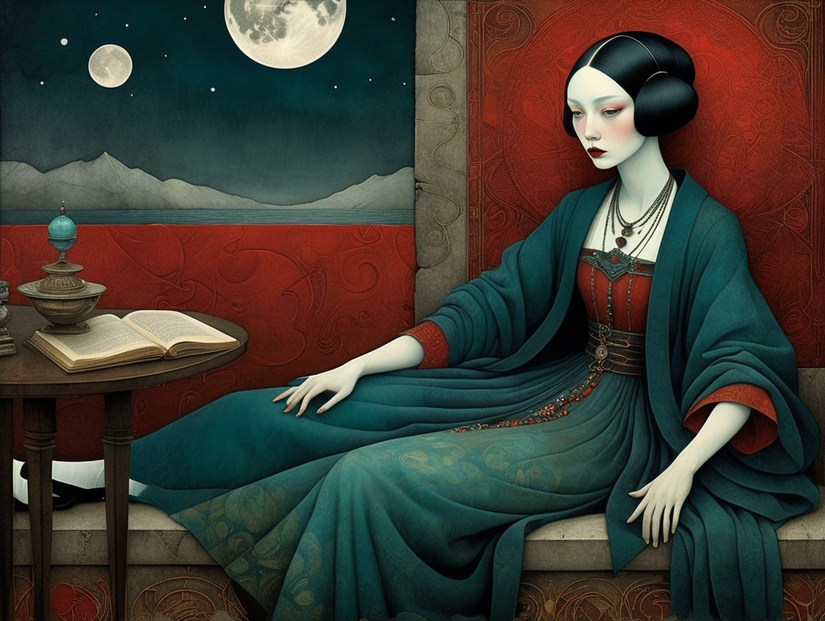 Serene Figure in Teal Gown by Round Table at Night