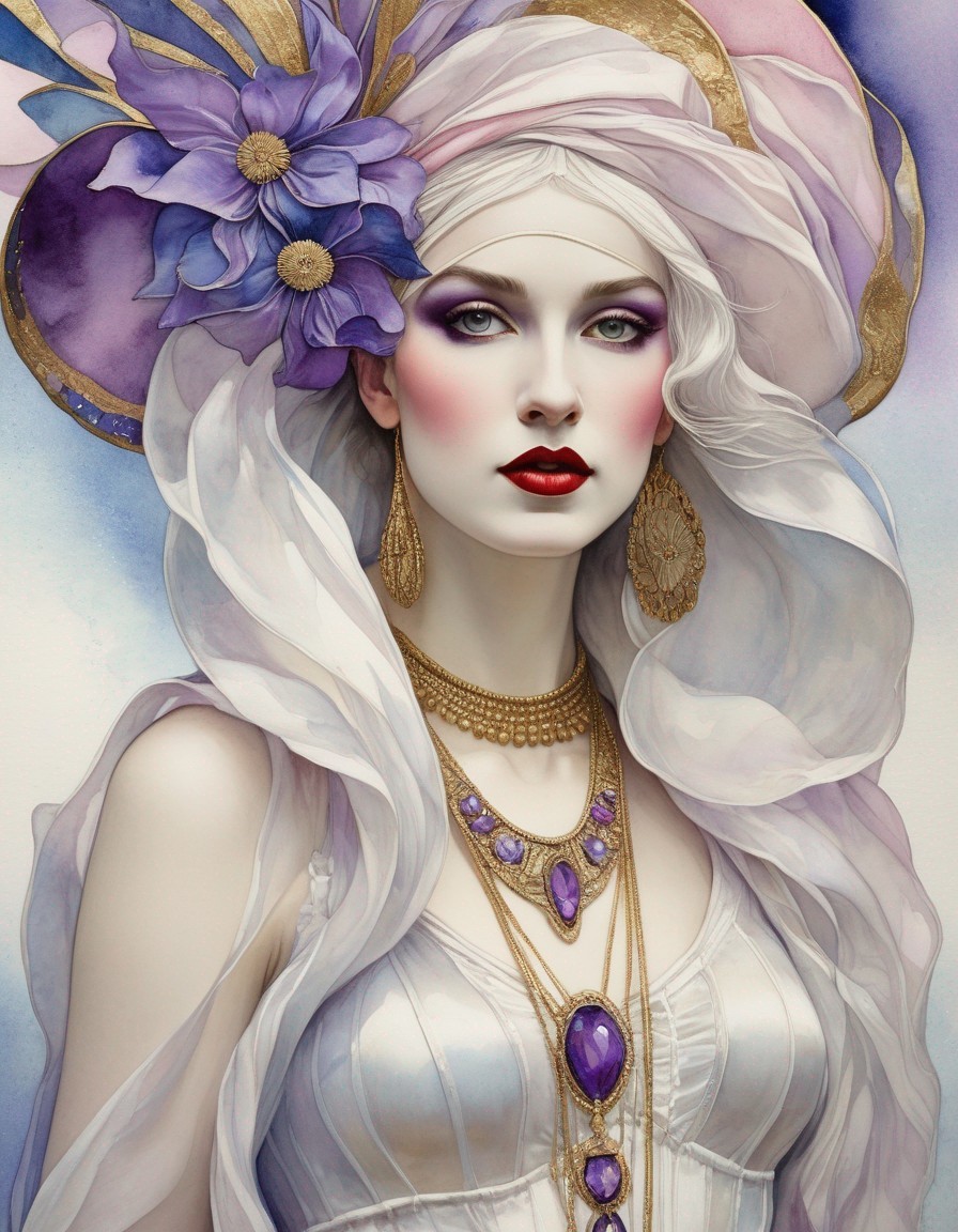 Woman with pale skin, purple eye shadow, red lips, turban, flower, white hair,