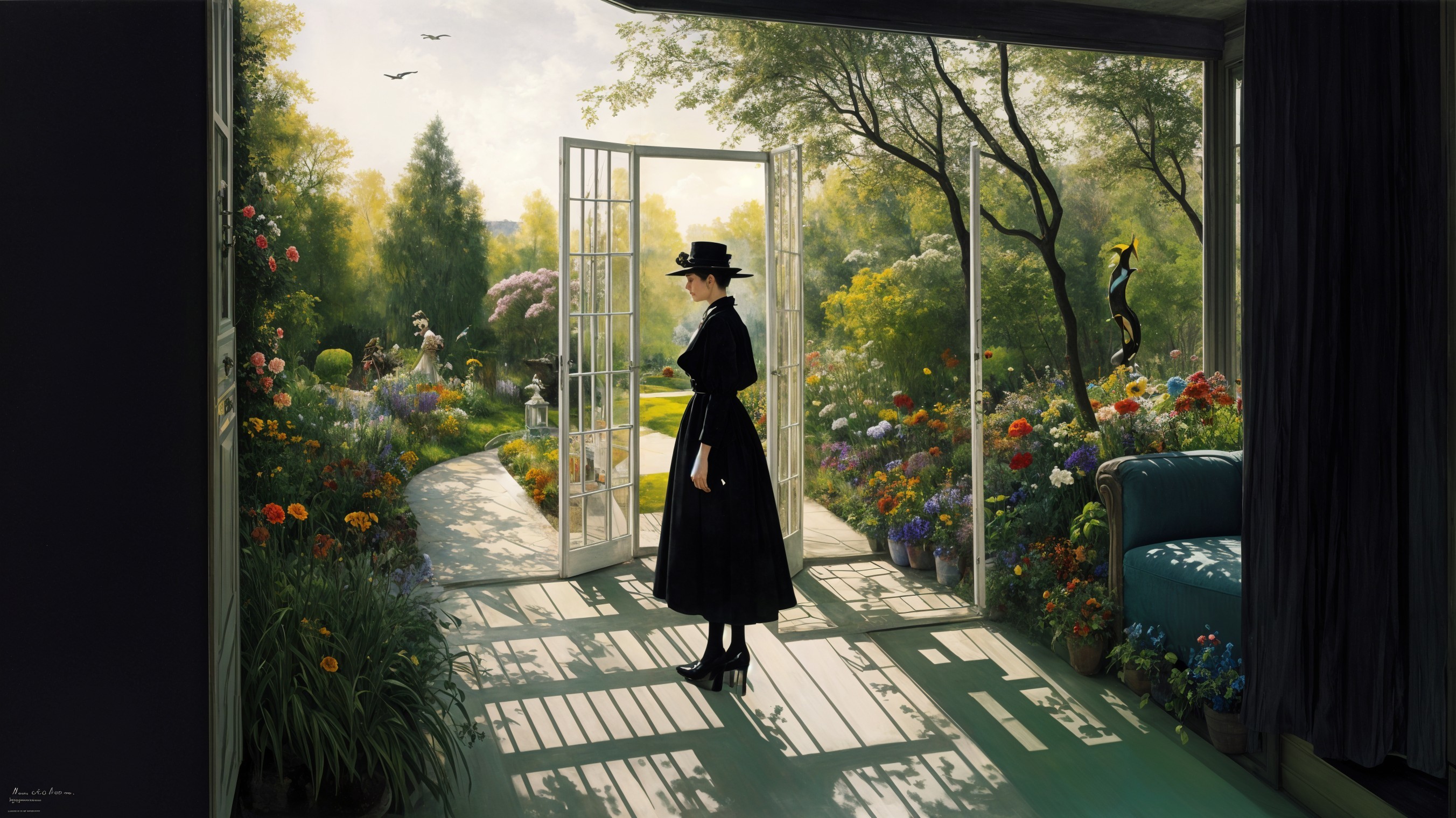Elegant Woman in Doorway Overlooking Vibrant Garden
