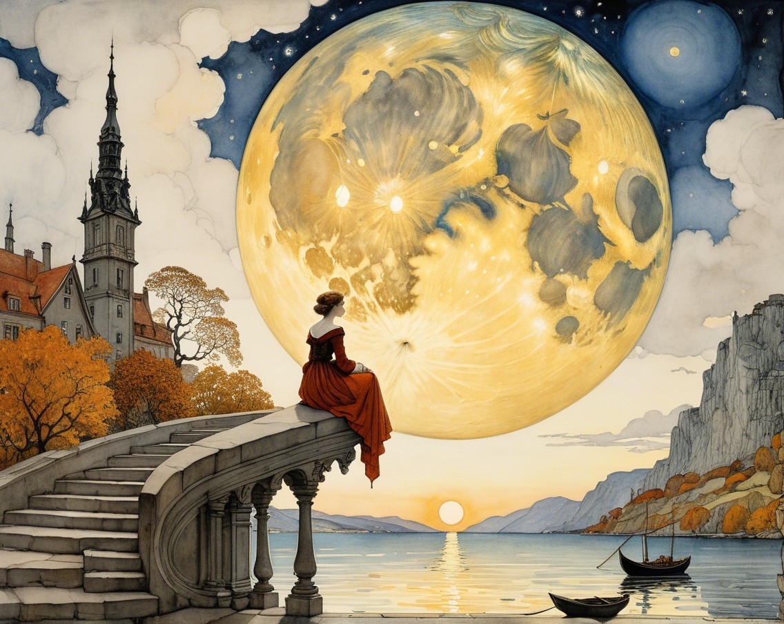 Woman in Red Dress Overlooking Moonlit Landscape
