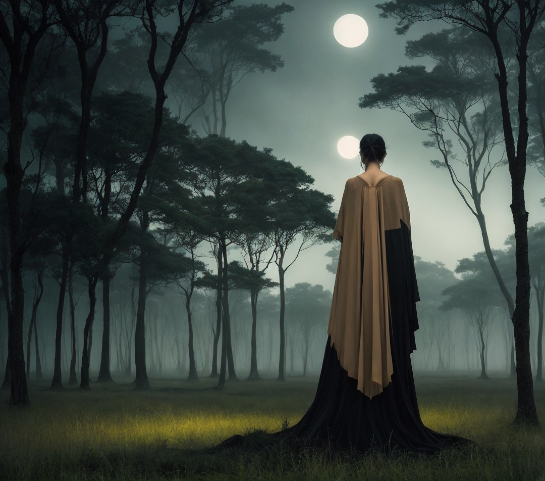 Misty Forest Scene with Flowing Gown and Moons