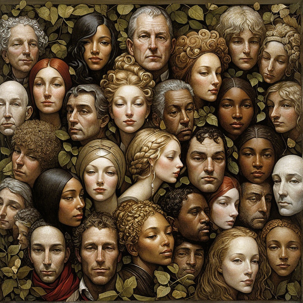 Collage of Diverse Human Faces Surrounded by Leaves