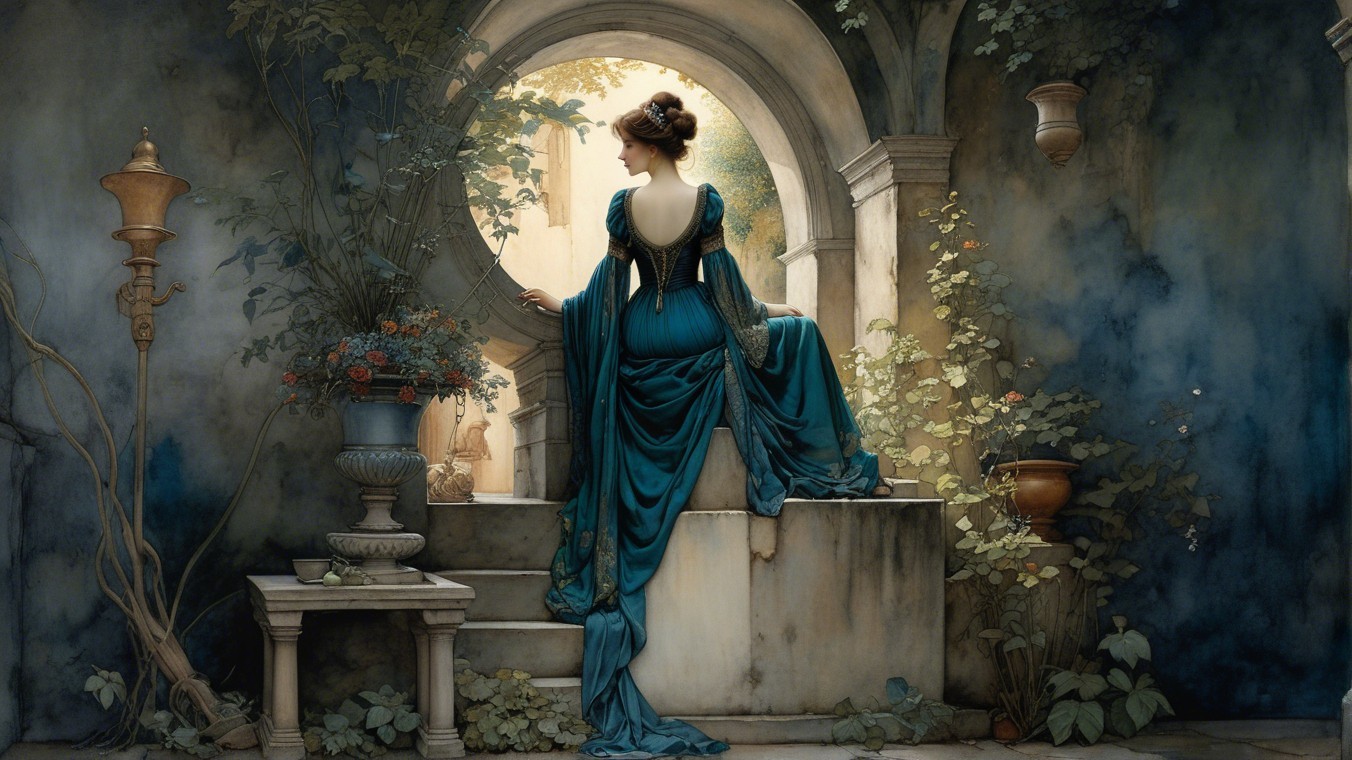 Elegant figure in turquoise gown on stone steps