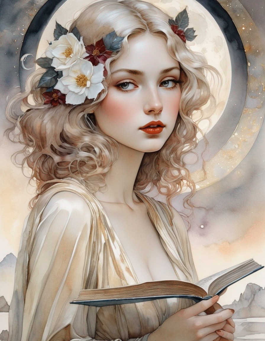Illustrated woman with wavy hair, flowers, open book, crescent moon, mountains