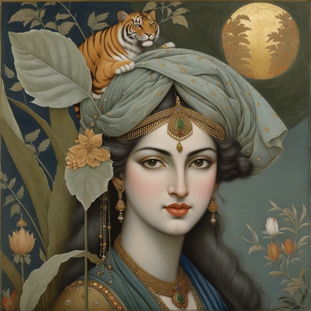 Portrait of Woman in Traditional Attire with Tiger and Lotus