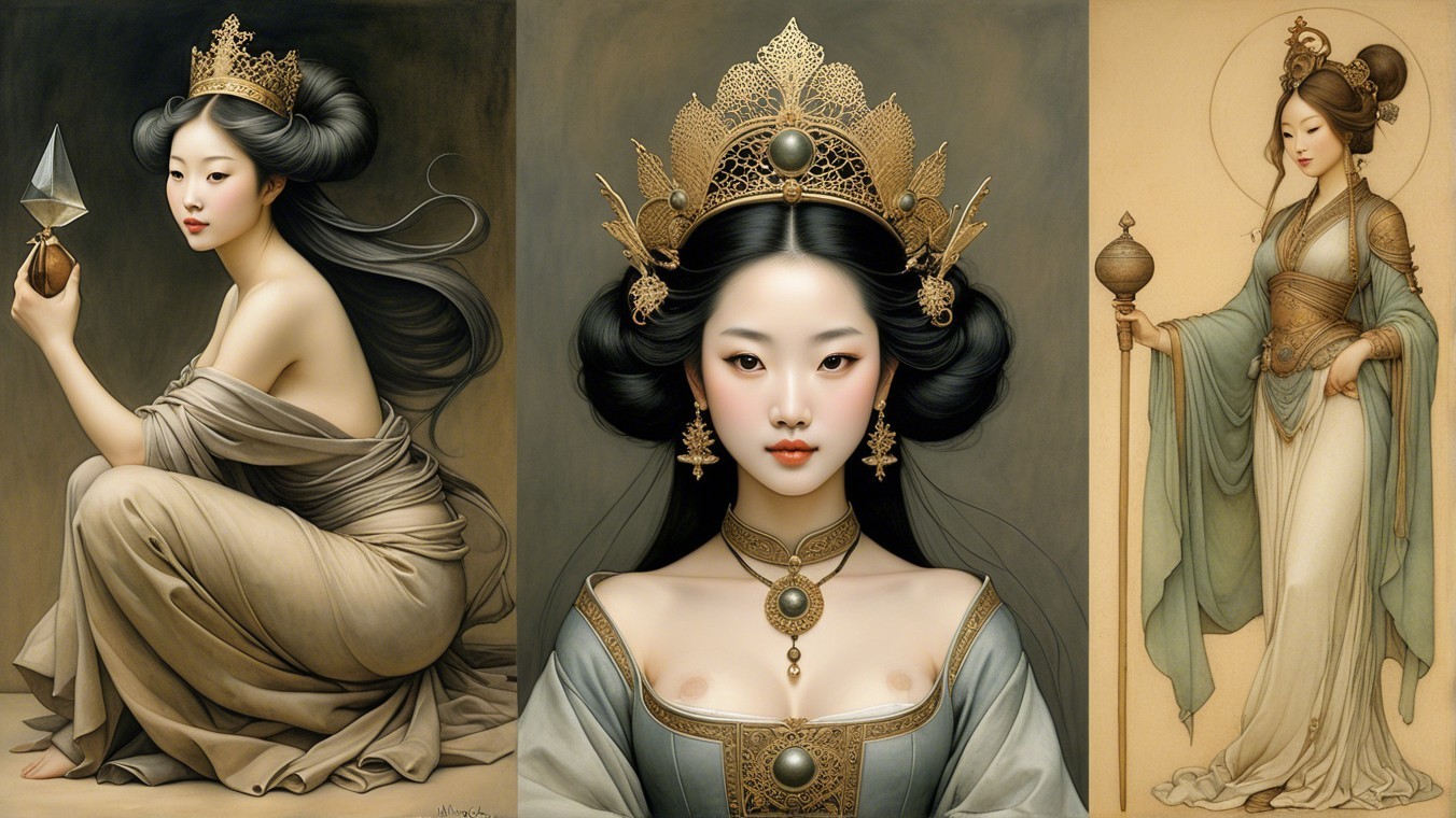 Three Elegant Figures of Women in Royal Attire