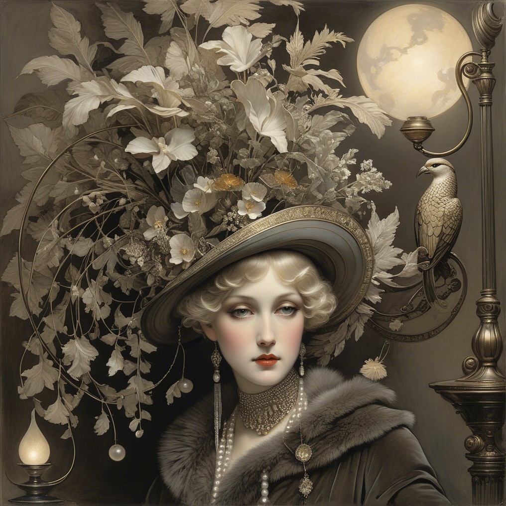 Elegant Woman with Extravagant Floral Hat and Jewelry