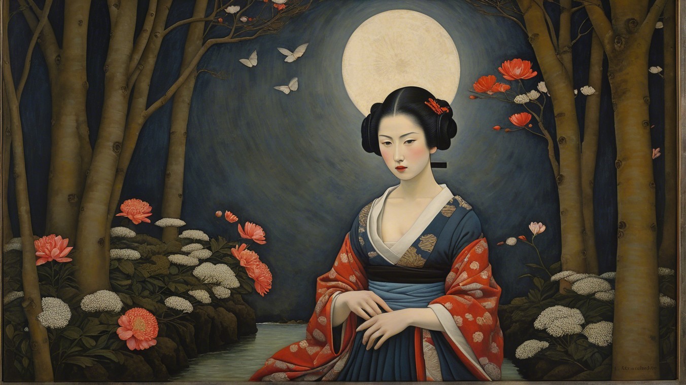 Serene Woman in Traditional Attire by Moonlit Stream