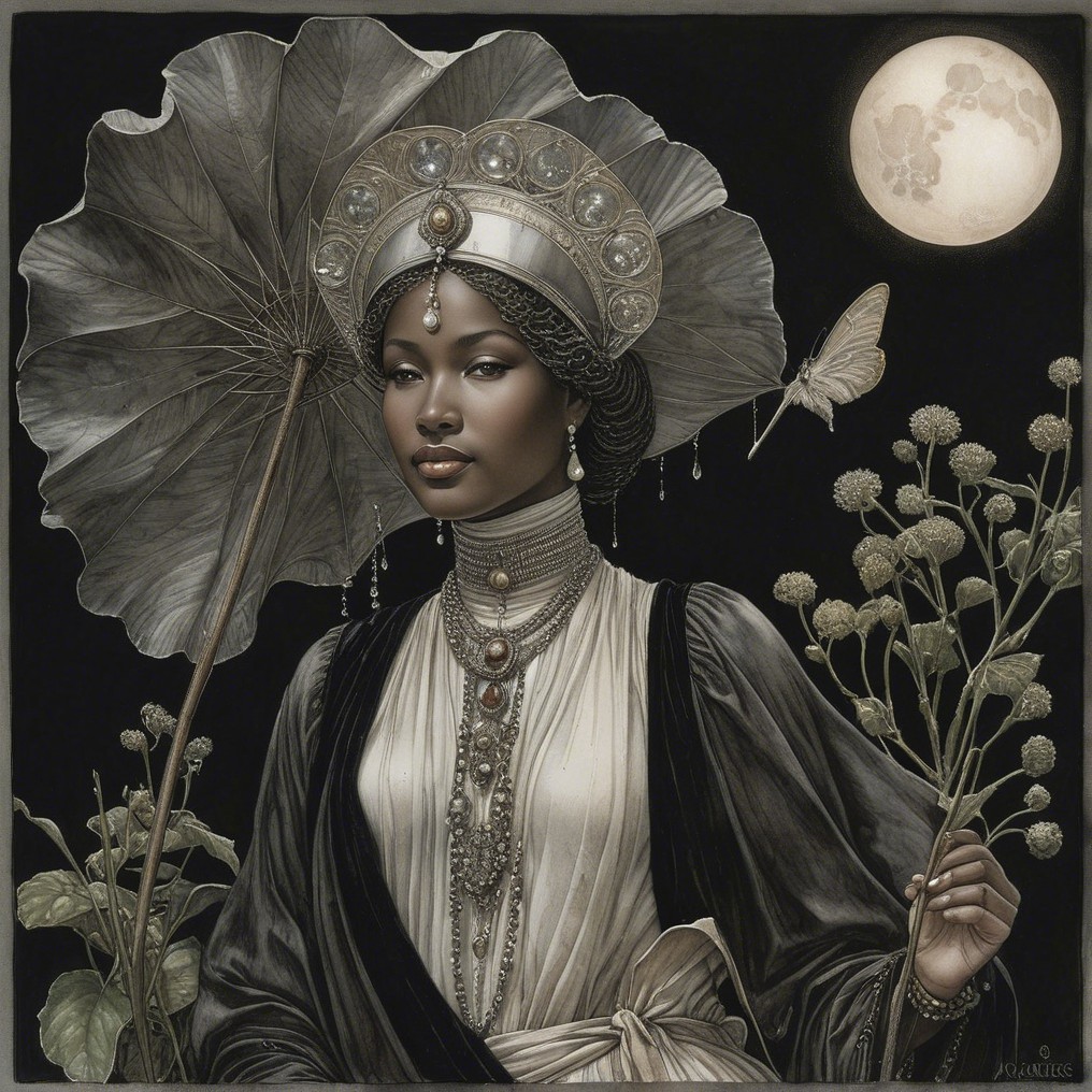 Regal figure with parasol against moonlit backdrop