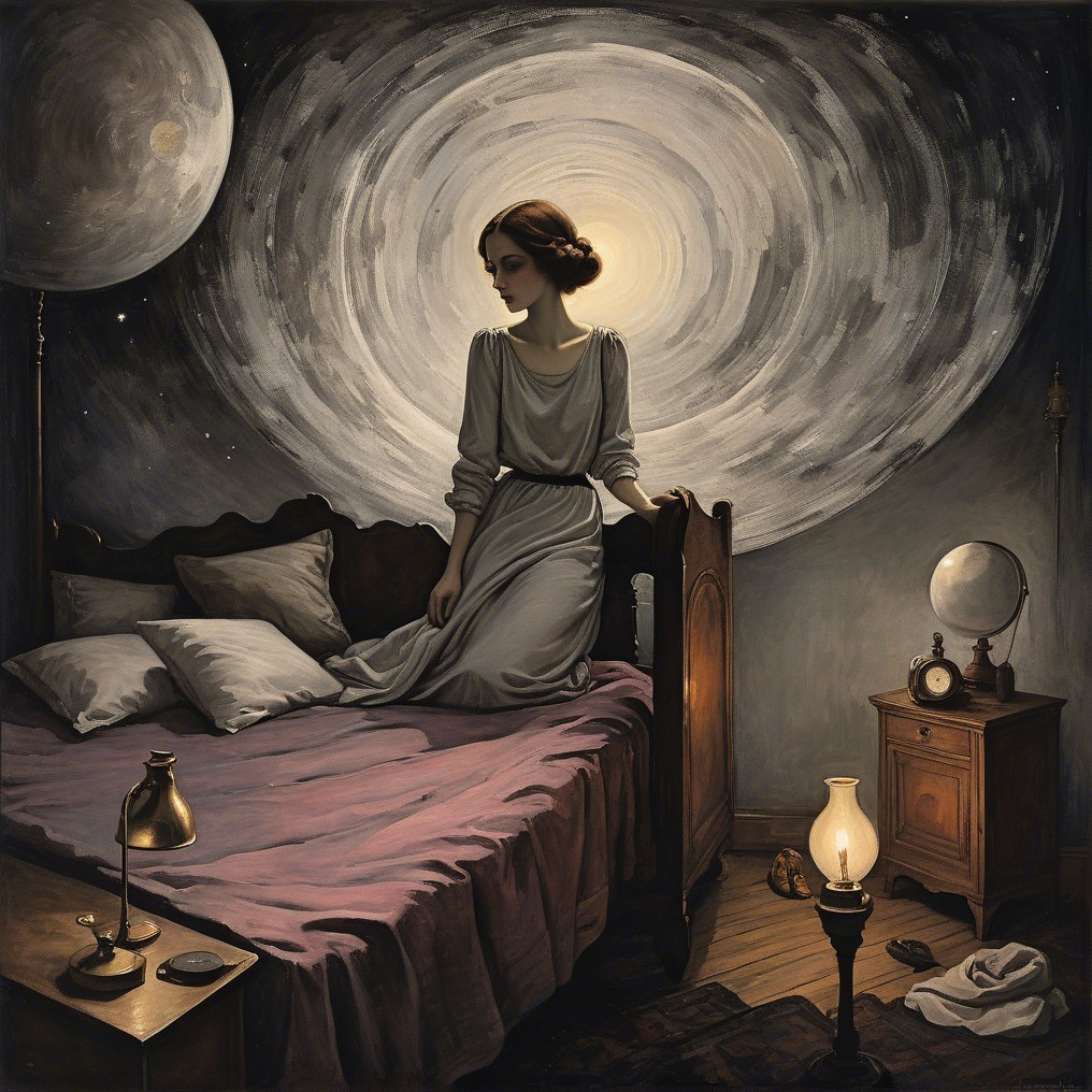 Young woman in gray dress amidst cosmic patterns