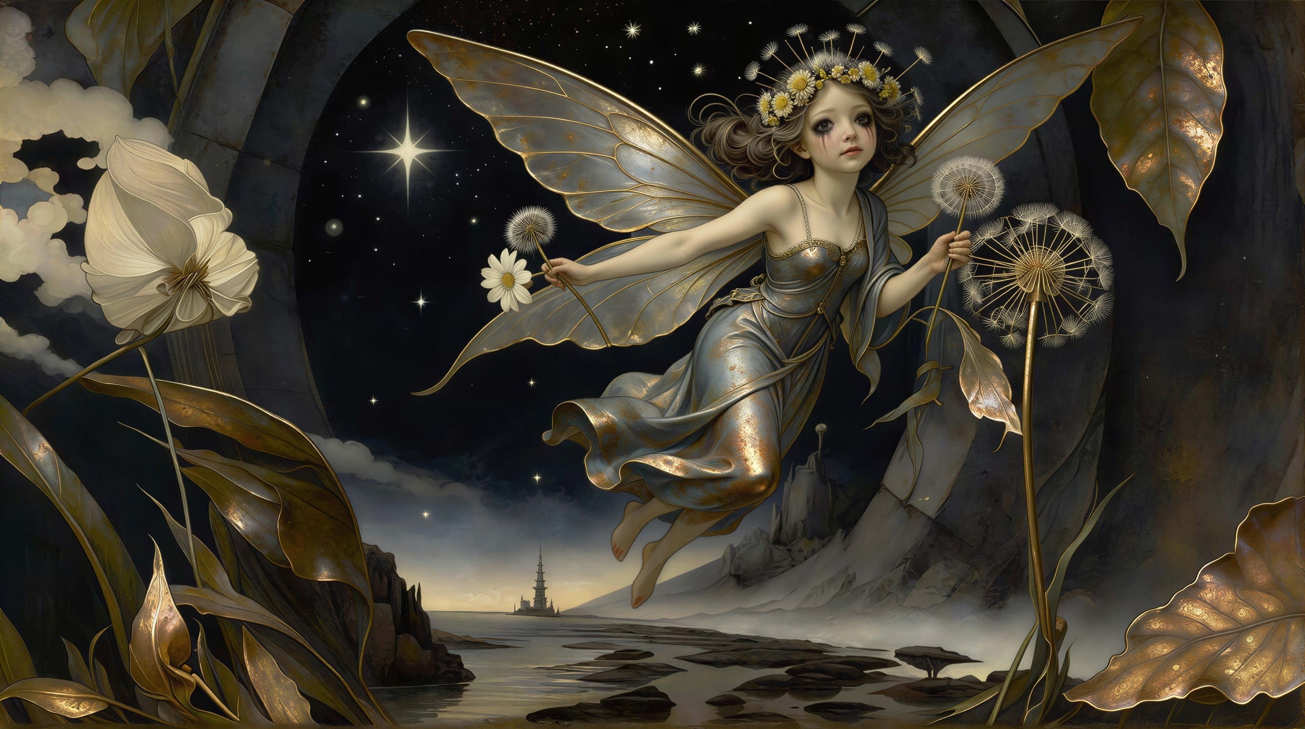 Photorealistic painting of a fairy in a night sky