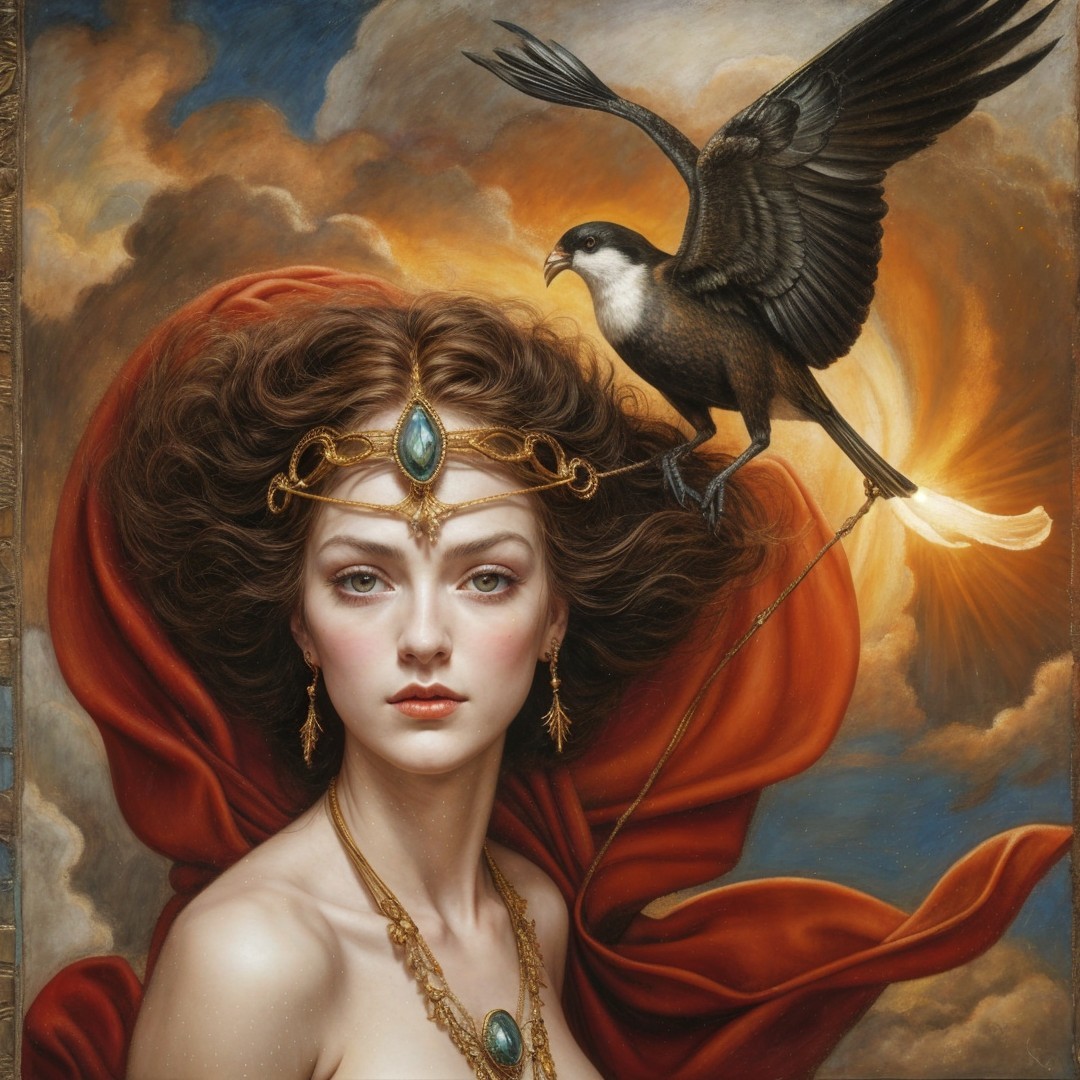 Regal Woman with Crown and Mystical Black Bird
