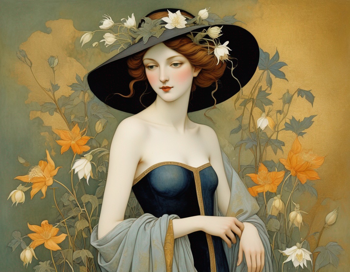 Serene Woman in Floral Hat and Elegant Dress