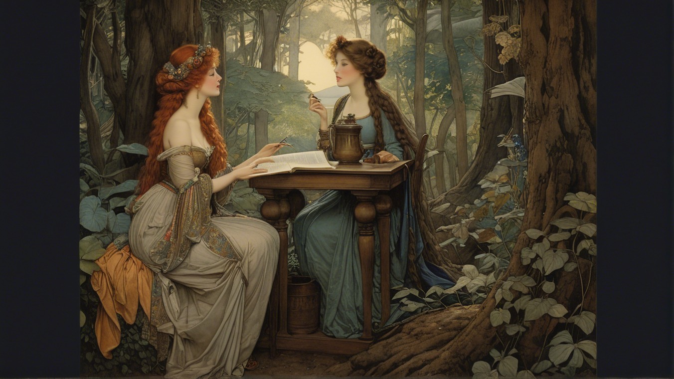 Women in Elegant Attire Conversing in a Forest Setting
