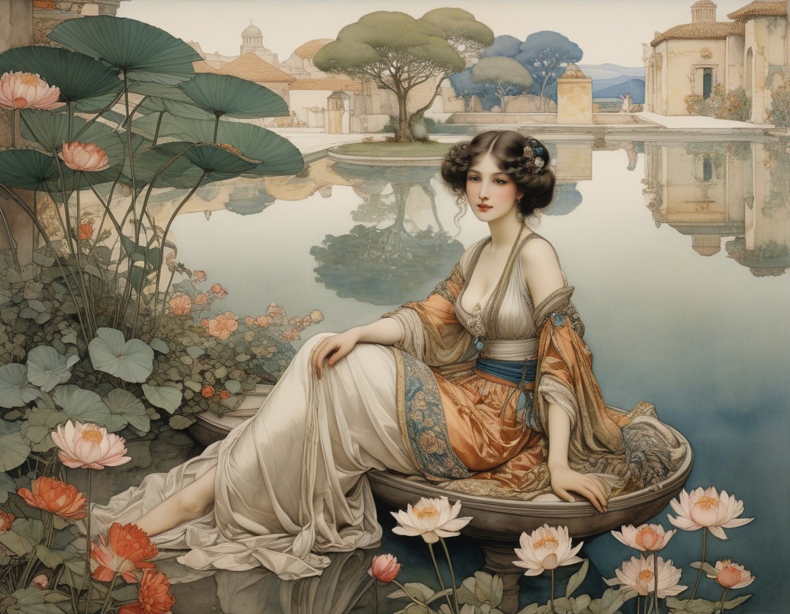 Serene Woman in Boat Surrounded by Lotus Flowers