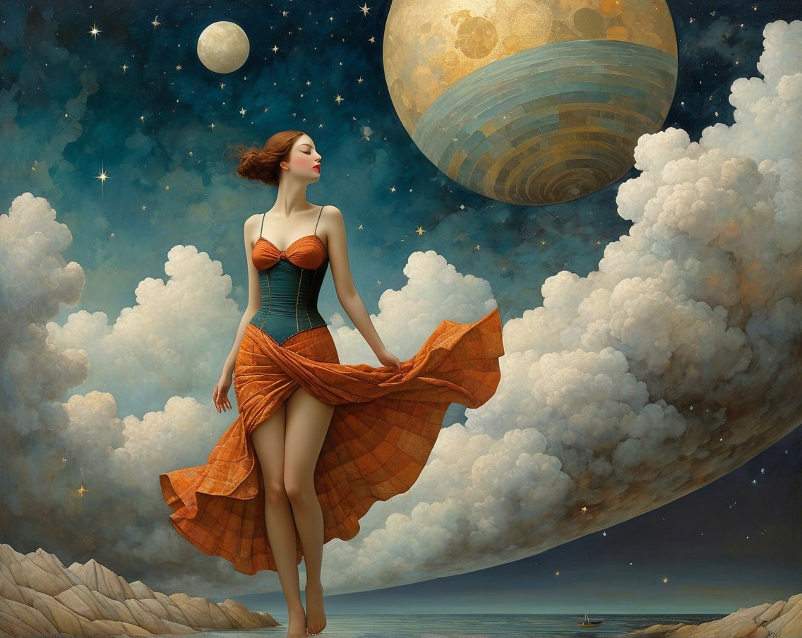 Woman in Orange and Teal Dress Against Cosmic Background