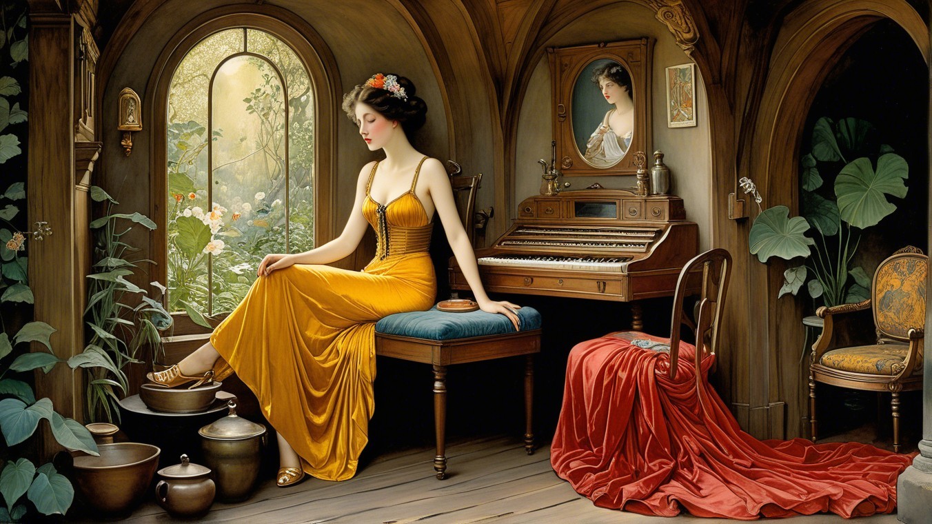 Serene Room with Woman in Yellow Gown and Elegant Decor