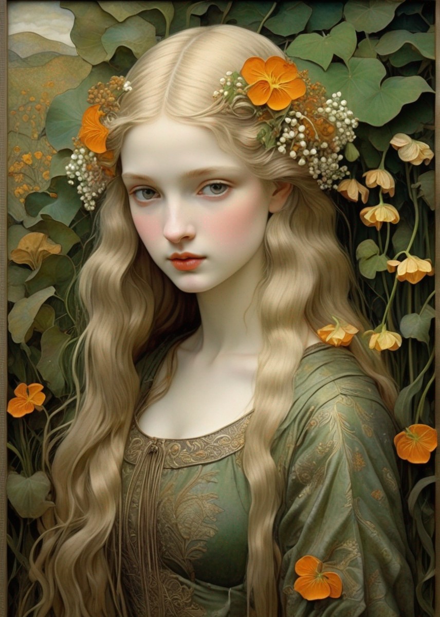 Portrait of young woman with long blonde hair and floral adornments in nature setting