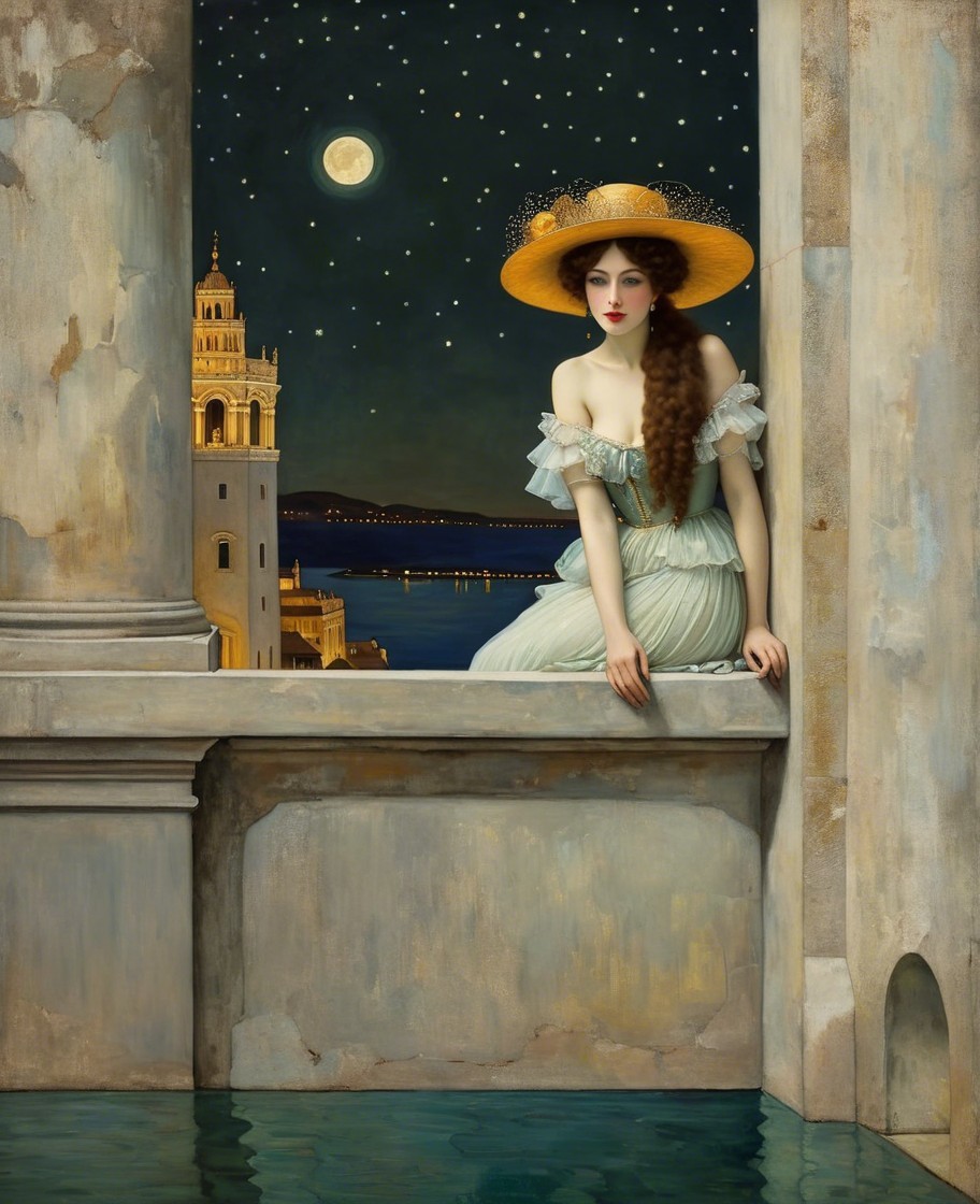 Young Woman by Stone Window with Moonlit View