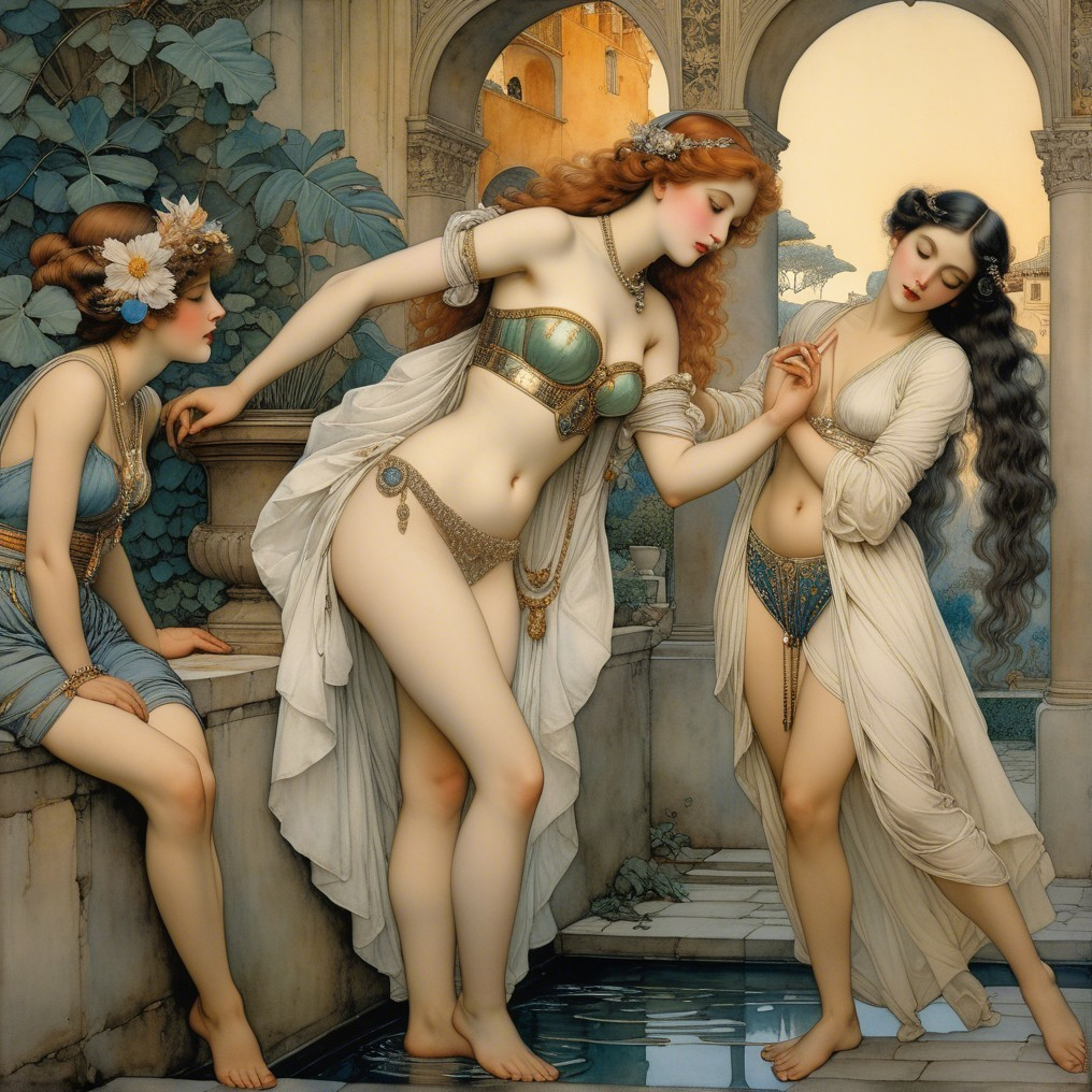 Elegant Women in Classical Architectural Setting