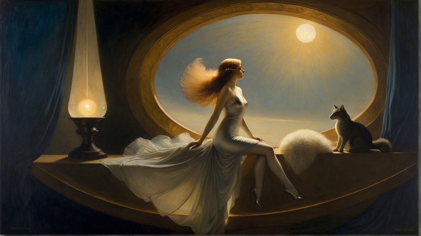 Elegant Woman in White Dress by Oval Window