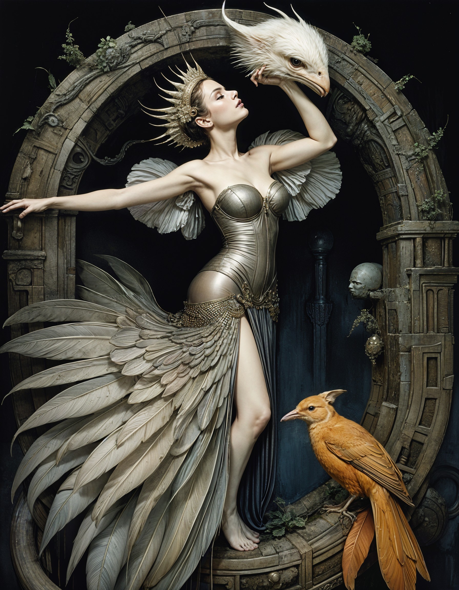 Metallic Gown with Wings and Ornate Frame Display