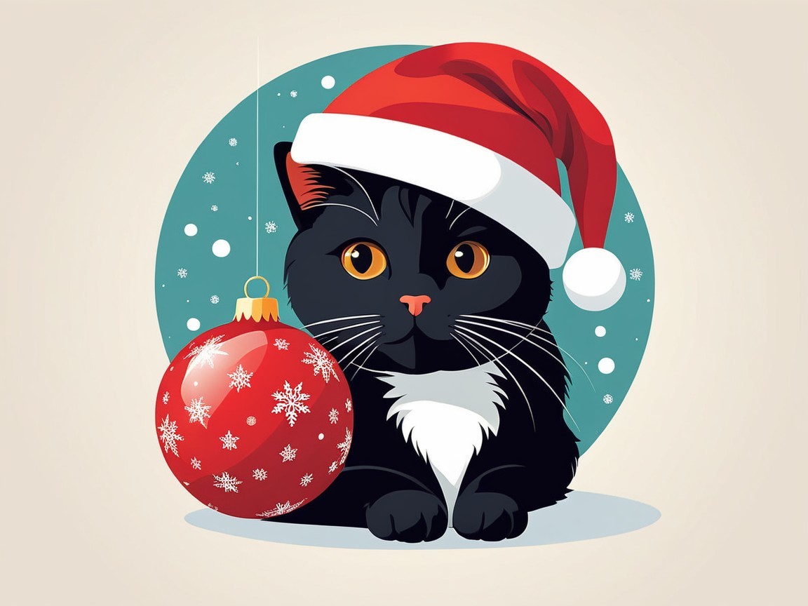 Fluffy Black Cat in Santa Hat with Christmas Ornament