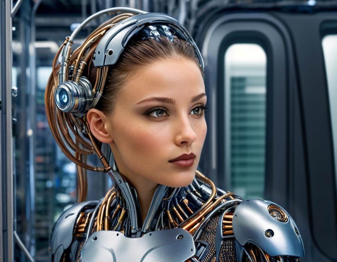 Futuristic Humanoid with Metallic Features and Circuitry