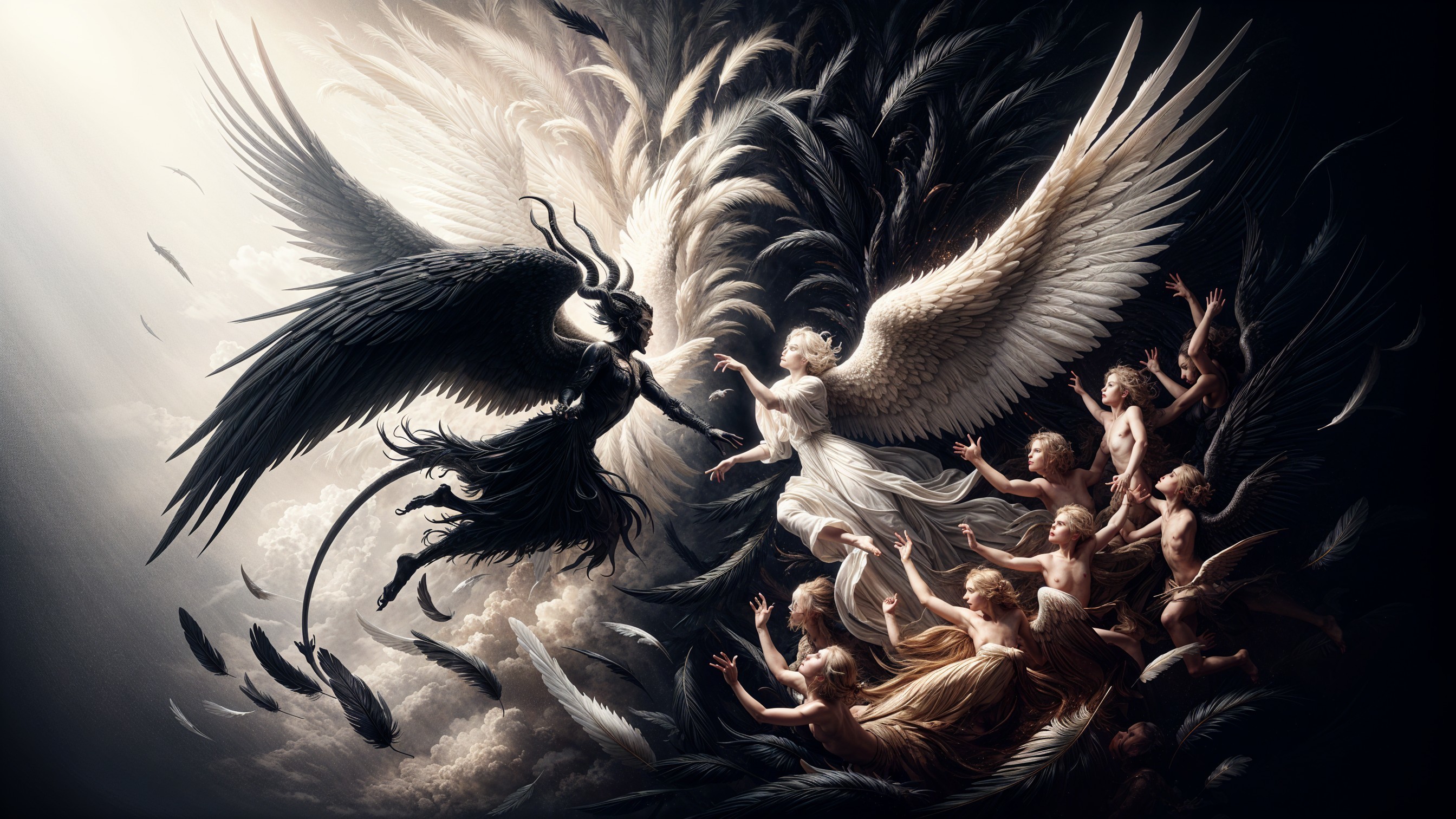 Celestial Scene of Light and Darkness with Winged Figures