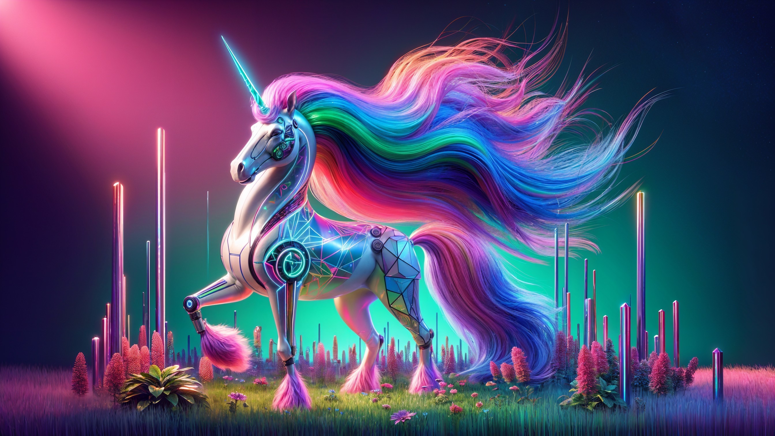 Robotic unicorn in a vibrant futuristic landscape