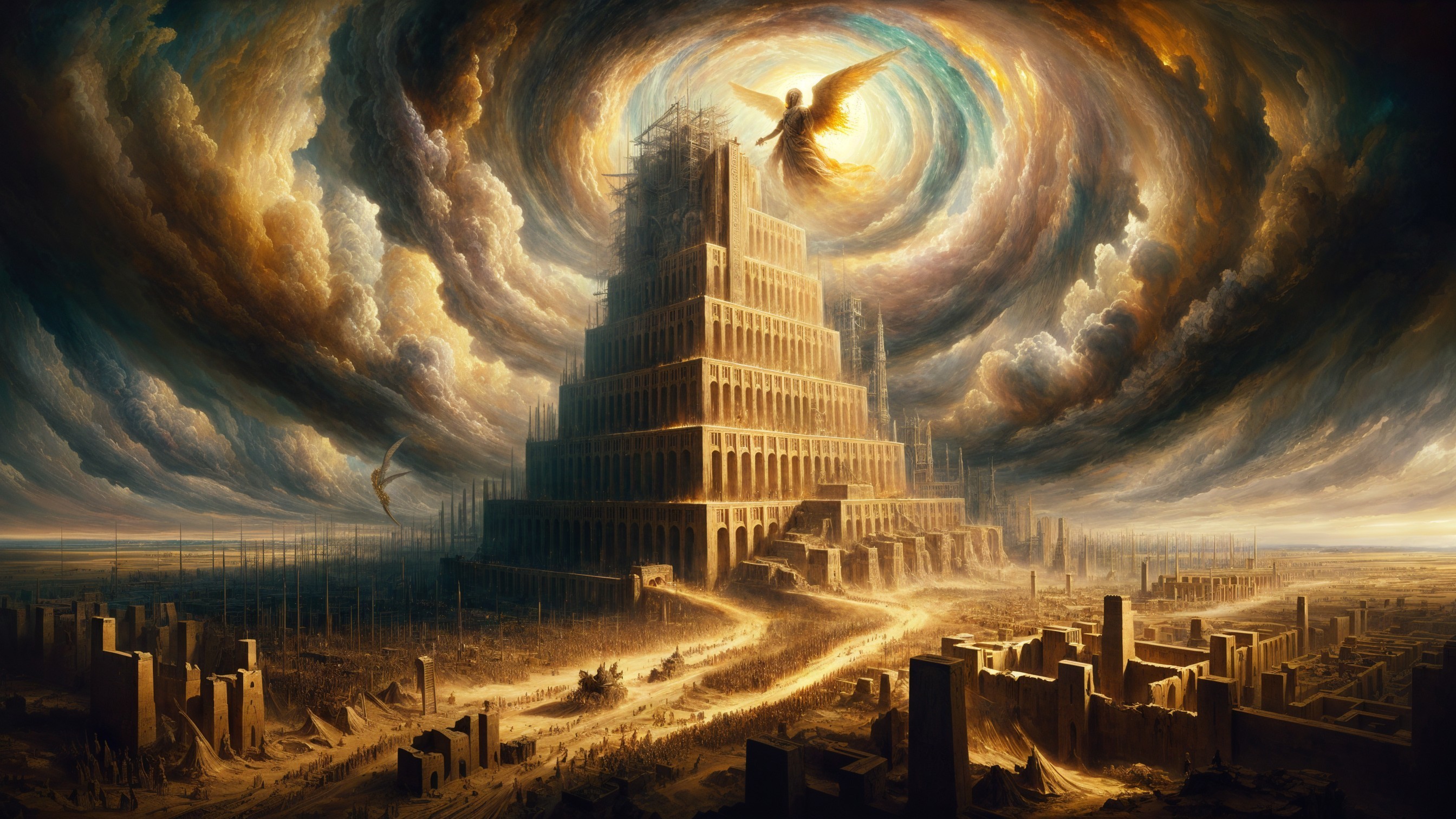 Towering Structure with Angelic Figure and Landscape